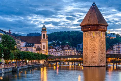 Night View Towards Chapel Bridge Kapellbruecke Together With The