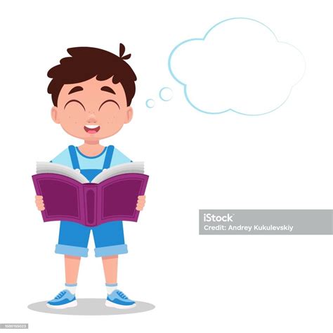 Cute Boy Reading A Book With Pleasure Imagining Stock Illustration