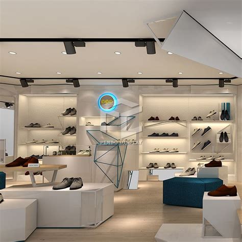 the inside of a shoe store with shoes on display