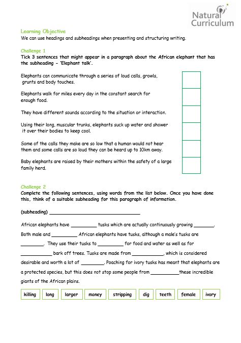 Year 3 Headings And Subheadings Worksheet Activities Natural Curriculum