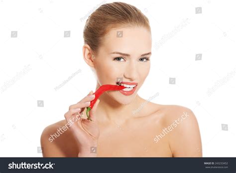 Portrait Nude Woman Biting Chilli Pepper Foto Stok Shutterstock