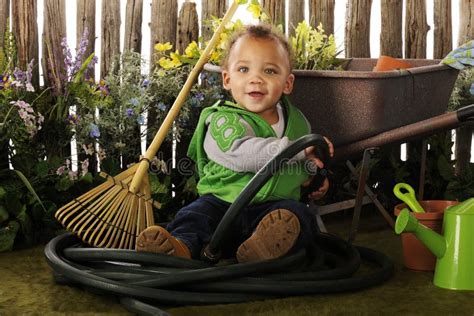 Baby in the Garden stock image. Image of wheelbarrow - 19086643