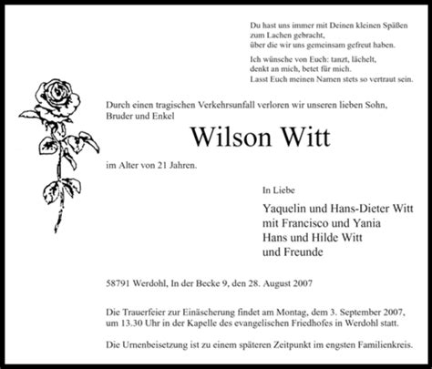 Traueranzeigen Von Wilson Witt Trauer In NRW De