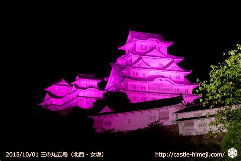 女坂（三の丸広場北西－千姫ぼたん園階段）・ピンクの姫路城スポット（夜景） 姫路城観光おすすめ・見どころ案内