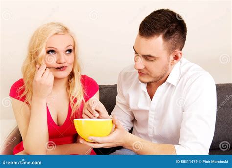 Lovely Couple Eating Together From One Bowl Stock Image Image Of Dish