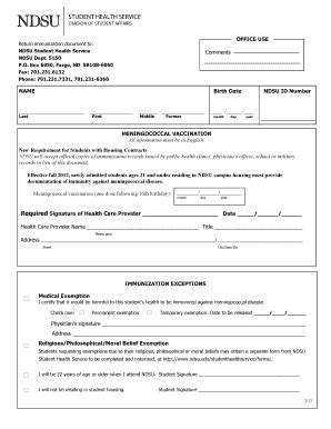 Fillable Online Ndsu Meningitis Immunization Form Ndsu Fax Email