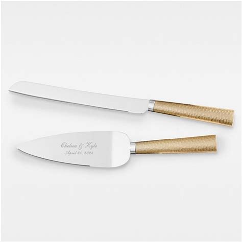 Engraved Wedding Gold Hammered Cake Knife And Server Set