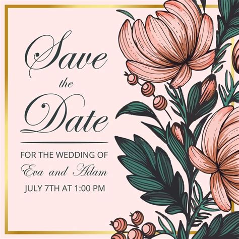 Schöne save the date karte mit handgezeichneten blumen und goldenem