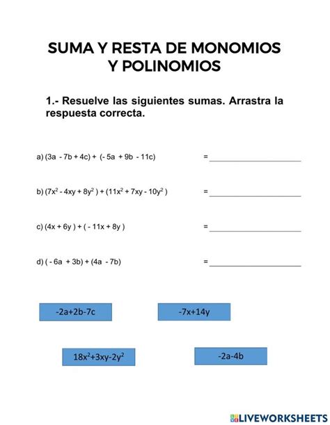 The Worksheet For Suma Y Resta De Mononomos Is Shown