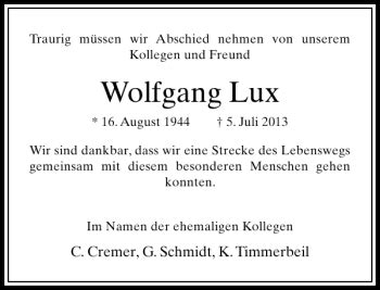 Alle Traueranzeigen F R Wolfgang Lux Trauer Rp Online De