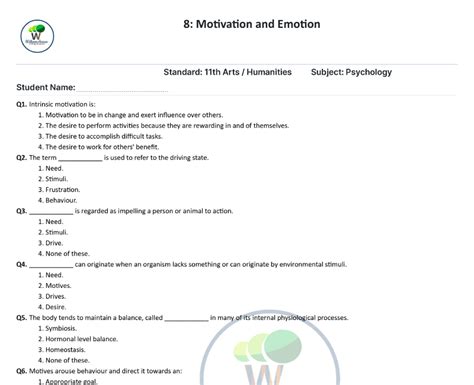 Motivation And Emotion Class 11 Psychology Extra Questions