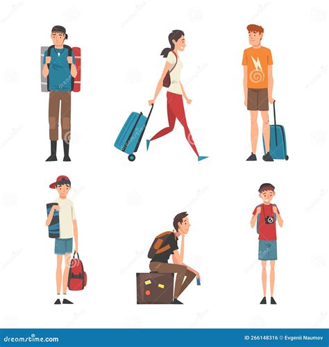 People Traveling on Vacation Set. Male and Female Characters with ...