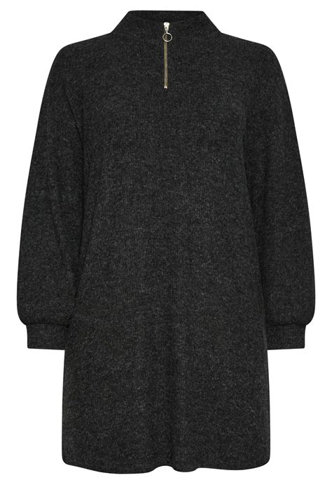 Yours Plus Size Charcoal Grey Soft Touch Zip Neck Jumper Dress Yours Clothing