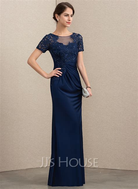 Sheath Column Scoop Neck Floor Length Lace Jersey Evening Dress With