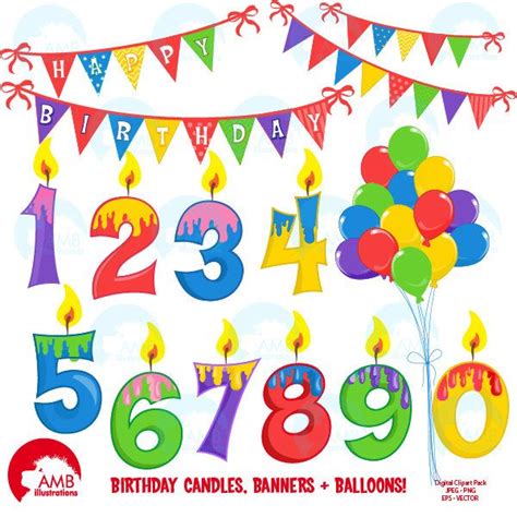 birthday candles, balloons and buntings are arranged in the shape of ...