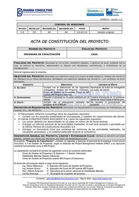 EGPR 010 06 Acta De Constitucin Del Proyecto Contacto Informes