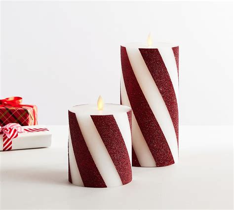 Open Box Premium Flickering Flameless Wax Pillar Candles Candy Stripe Pottery Barn