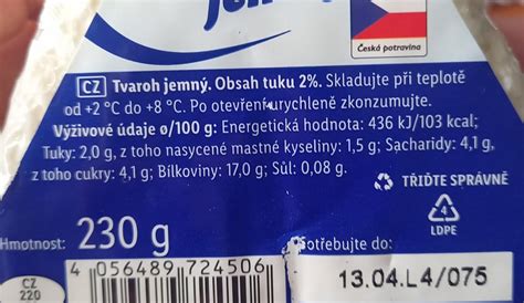 Tvaroh jemný 2 tuku Pilos kalorie kJ a nutriční hodnoty