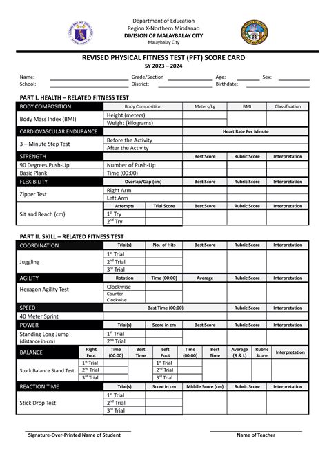 Pft Score Card Material Can Be Used For Physical Fitness Test 1 Department Of Education