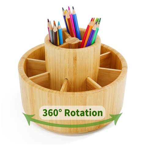 Bamboo Rotating Art Supply Desk Organizer Pencil Holder Organizer