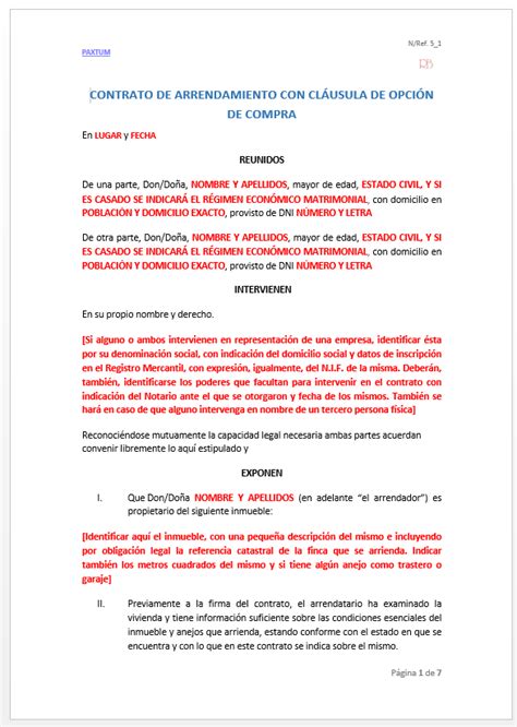 Contrato De Arrendamiento Con Cláusula De Opción De Compra Paxtum