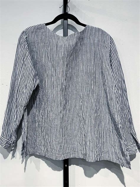 Vlas Blomme Woven Linen Stripe Top Blue Light Grey Toko Santa Fe