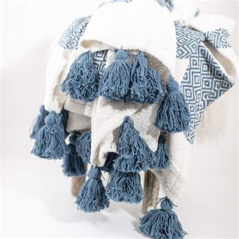 Woven Cotton Throw Blanket With Tassels Tassels Blanket Blue Etsy