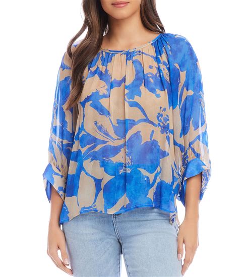 Karen Kane Shadow Flower Print Scoop Neck Blouson Sleeves Flowy Blouse