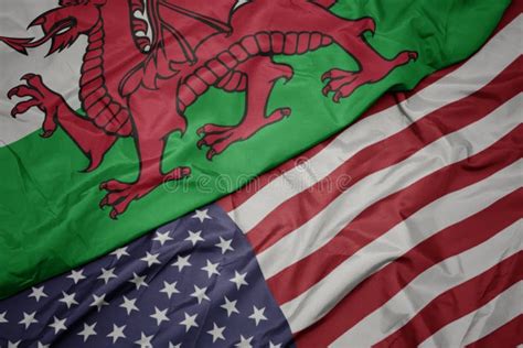 Waving Colorful Flag Of United States Of America And National Flag Of Wales Macro Stock Image