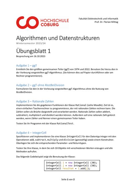 Übung 01 Seite 1 von 2 Algorithmen und Datenstrukturen Wintersemester