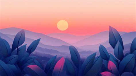 stylized plants frame  beautiful sunset  rolling hills creating