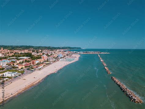 Italy, June 2022; aerial view of Fano with its sea, beaches, port ...