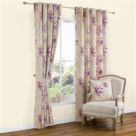 Calendula Cream And Purple Floral Printed Eyelet Lined Curtains W228 Cm