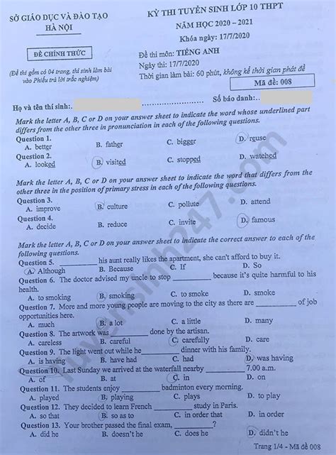 Đề Thi Vào Lớp 10 Môn Tiếng Anh Hà Nội Năm 2020 Dân Việt