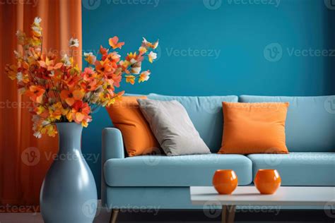 Modern Blue And Orange Living Room Design With Sofa And Furniture With