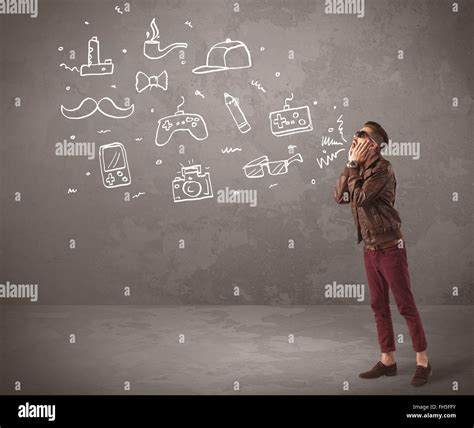 Funny hipster guy shouting drawn items Stock Photo - Alamy