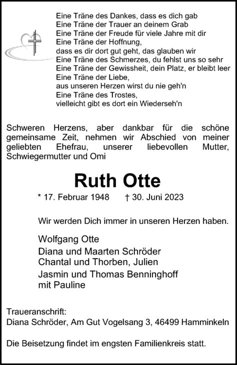 Traueranzeigen Von Ruth Otte Trauer In NRW De