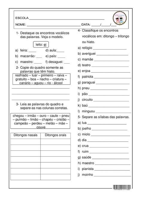 Atividades Sobre Encontro Vocalico Encontros Voc Licos E Consonantais