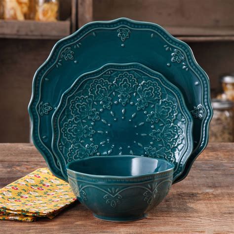 The Pioneer Woman Farmhouse Lace Piece Dinnerware Set Teal