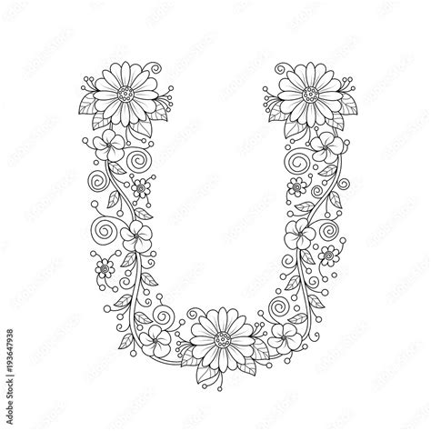 Floral Alphabet Letter U Coloring Book For Adults Vector Illustrationhand Drawndoodle Style