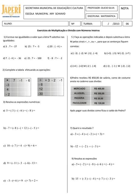 Multiplicação Divisão E Potenciação De Números Inteiros Jogo De