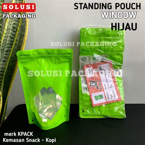 Jual KPACK STANDING POUCH WINDOW HIJAU KEMASAN KOPI SNACK ALUFOIL KLIP