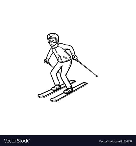 Skier Skiing Downhill Hand Drawn Outline Doodle Vector Image