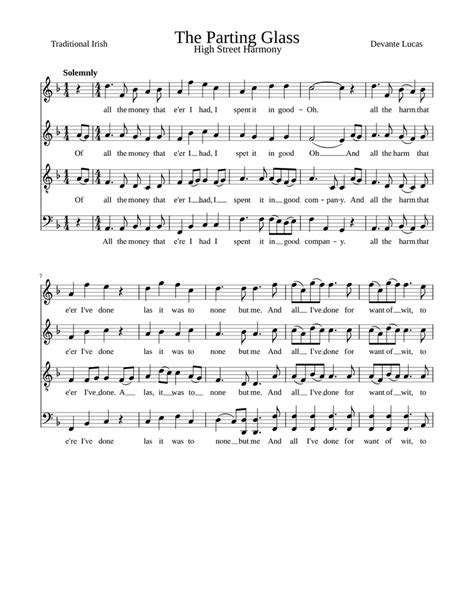 The Parting Glass Sheet Music For Piano Mixed Quartet