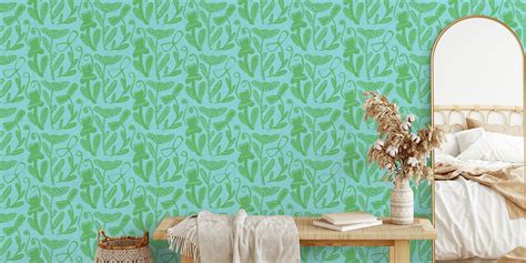 Modern Retro Boho Bold Floral Light Blue Green Wallpaper - Happywall