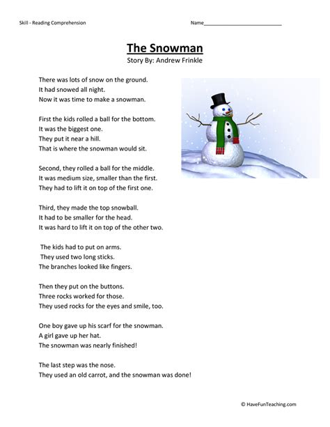 Snowman Reading Comprehension Worksheet - Have Fun Teaching