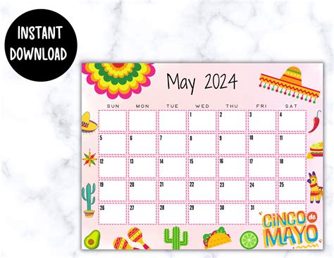 EDITABLE Printable May Calendar 2024 Cinco De Mayo Calendar Etsy