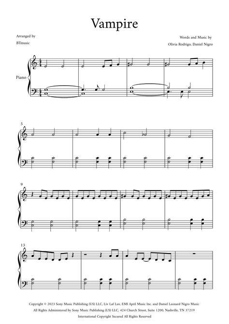 Vampire Arr Btmusic By Olivia Rodrigo Sheet Music For Easy Piano At