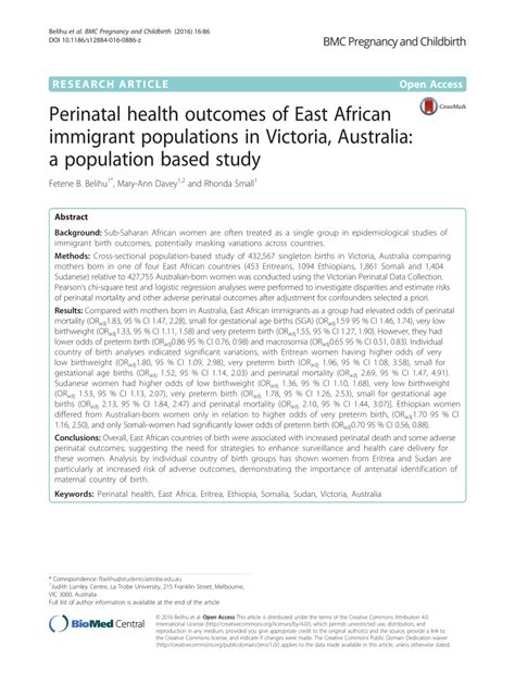 Pdf Perinatal Health Outcomes Of East African Immigrant Populations