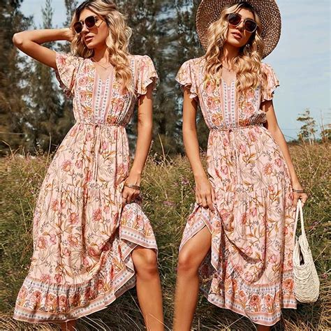 Buy Women Floral Print Dress V Neck Short Sleeve Ruffles Bohemian Beach